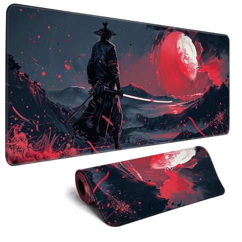 Black Desk Mat Japanese Samurai Mouse Pad XL Red Anime Big Mousepad Gaming Large Mouse Pad for Men Desk Pad with Stitched Edges Non-Slip Large Computer Mat, 31.5x11.8 in