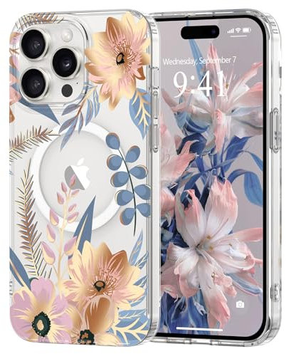 Pepmune Floral Magnetic Case for iPhone 14 Pro Max [Compatible with Magsafe],Clear Anti-yellowing Phone Cover Cute Anti-Scratch Flower Pattern,Soft TPU Slim Bumper Protective for Girls-Blossom