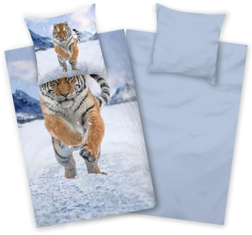 Aminata kids - Biber Bettwäsche 135x200 Tiger für Jungen und Mädchen, blau, Baumwolle, Reißverschluss, Wende-Bettwäsche-Set, Warm, Weich & Kuschelig - Flanellbettwäsche mit Tier-Motiv