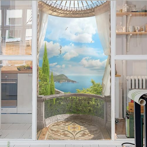Ozean Himmel Sichtschutzfolie Fenster Küche, Selbstklebend Fensterfolie Fensterdeko mit Statischer Haftung ohne Klebstoff Milchglasfolie, 50x140cm