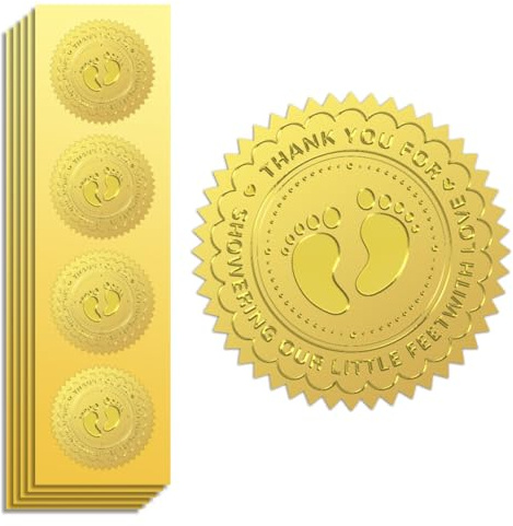 Peacoblue Goldfolie Aufkleber Siegel Geprägt Baby-Fußabdruck 5cm 100 Stück, Selbstklebend Gold Geprägter Aufkleber für Babyparty-Einladung Umschlag