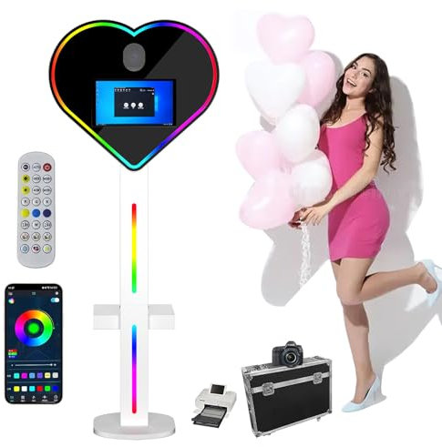 Herzförmiger DSLR-Photobooth, 15,6-Zoll-Touchscreen, mit Minidrucker + Kamera + Druckerpapier + Fernbedienung, RGB-Lichtstreifen, 8 GB + 256 GB, für Partys, Hochzeiten, Veranstaltungen,White