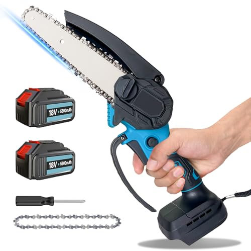 Mini Kettensäge Mit Akku 6000mAh, 6 Zoll Mini Kettensäge Elektro für Makita, Handkettensäg Elektrisch für Holzschneiden Baumbeschneiden Gartenscheren (2 * 3000mAh Akku)