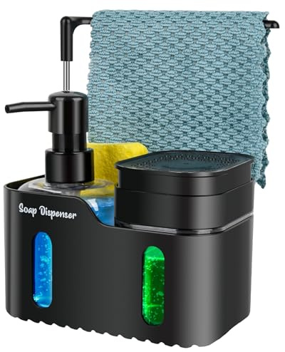 Hand Soap and Dish Soap Dispenser Set for Kitchen, Dual Soap Dispenser with Sponge Holder and Dishcloth Holder 4-in-1 Organizer for Kitchen Sink Countertop, Useful Kitchen Gadgets (Black)
