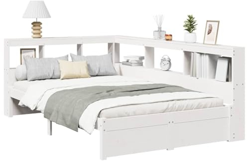 vidaXL Massivholzbett mit Regal ohne Matratze Weiß 120x200 cm Kiefer, Holzbett mit Regal, Massivholzbett mit Regal, Bett, Holzbett mit Bücherregal