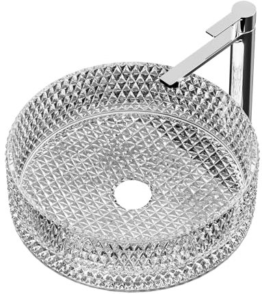 EMKE Lavabo Sobreponer en Vidrio Cristal, Redondo Transparente, 36 x 36 x 11.2 cm, Lavabo de para Baño y WC de Invitados, Sin Orificio para Grifo