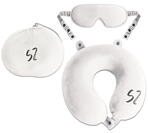 Snooze Zone - 2in1 Nackenkissen Flugzeug Mit Augenmaske, Einzigartiges Reisekissen Flugzeug, Memory Foam Reise Gadgets, Leicht Zu Verstauen Nackenkissen, Praktisches Nackenhörnchen - Weiß