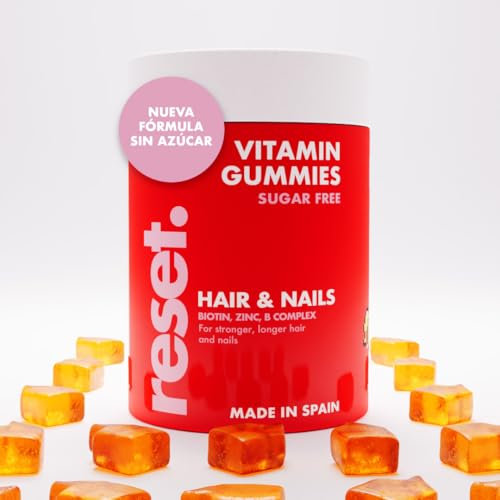 Vitaminas para el Cabello y Uñas - Caída del Cabello Mujer y hombre- Con Biotina para el Cabello y más Vitaminas - Vegano - Sin Azúcar - Sin Gluten - Sabores Naturales - 1 mes - 60 Gummies - Reset.