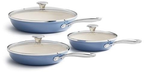 Redchef 6-teiliges Keramik Pfannen Set, Antihaft Bratpfannen 20 24 28 cm Induktion mit Deckel für alle Herdarten, Edelstahlgriff, PTFE-frei PFAS-frei PFOA-frei, Backofenfest, Spülmaschinenfest (blau)