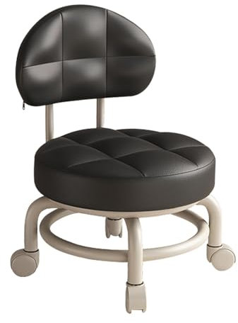DONGSHUAI Asiento Bajo con Ruedas Y Respaldo De Piel Sintética, Reposapiés, Taburete Multiusos con Polea para Limpieza Y Pedicura, Ideal para Salón, Hogar, Biblioteca Y Garaje.,Negro