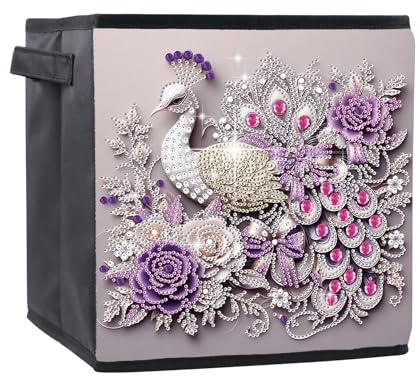 JICFDAO Diamond Painting Faltbare Aufbewahrungsboxen 25x25x26cm Zusammenklappbare Aufbewahrungskörbe mit Griffen Aufbewahrungsbeutel Würfel Storage Box für Spielzeug Kleidung Bücher Schrank Pfau