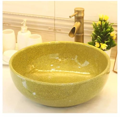 Sxlawesom Gefäß Waschbecken Waschbecken Vanity Keramik, Unterbau Waschbecken mit Kupfer Wasserhahn und Pop-up-Ablauf, rund(Gelb,35x15cm)