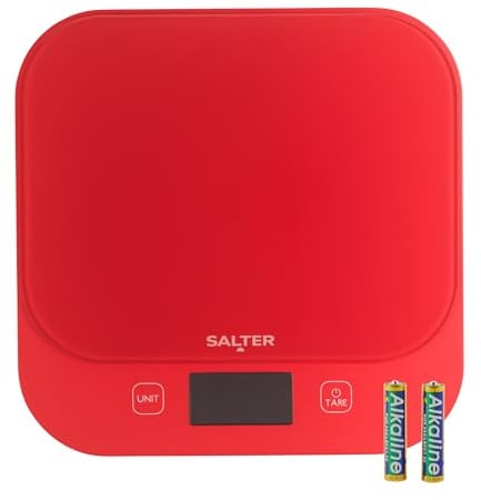 Salter British Bakes Digitale Küchenwaage – Hohe Kapazität von 10 kg, misst Flüssigkeiten, wasserdicht, Zuwiegefunktion, Glasplattform, 1g Genauigkeit, Rot