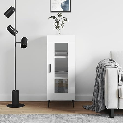 HaoChrymec Buffet Blanc Brillant avec Porte Vitrée et 3 Tiroirs, Meuble de Rangement en Bois d'Ingénierie, Buffet Salle à Manger, Bahut Salon, 34,5 x 34 x 90 cm