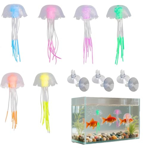 OZNXWRYY Aquarium Dekoration Wasserqualle 6 Stück Silikon Fluoreszierende Deko mit Saugnapf, farbig leuchtende Quallen für Aquarium Zierfischbecken, 2 cm Kopf Ø, 6 cm Tentakel, Rosa Grün Blau Lila Or