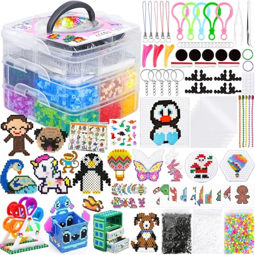 TEBOKHAD Perline Da Stirare Set,11000 PCS 5mm 24 Colori Perline a Fusione Con Custodia, Perline Da Stirare Fai Da Te DIY Con Piastre, Modelli E Accessori, Per 6 anni Bambini Giochi Creativi