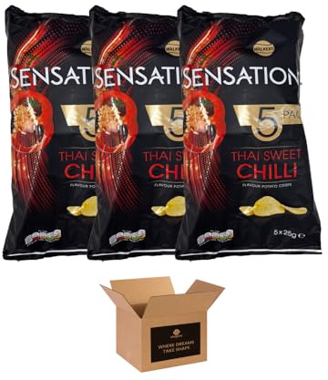 Walkers Sensations Thai Sweet Chilli Potato Crisps – Bold Spicy Sweet Flavour | 5 Pack of 25g Bags | Premium Crunchy Crisps for Sharing, Lunchboxes, Parties Snacks (Pack 3, Thai Sweet Chilli)