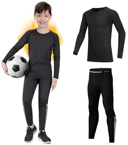 Kids Base Layer - Fleece Lined Athletic football skins, Warm Football Skins Long Sleeve Top and Leggings Compression Set, Reflective Line Thermal Underwear for Biking, Ski & Running(Black,L)