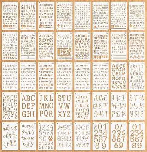 40 Blätter Buchstaben Schablone,Alphabet Schablonen in 30 Verschiedenen Schriftarten,Journal Schablonen mit Zahlen Symbole Muster (Stil 1)