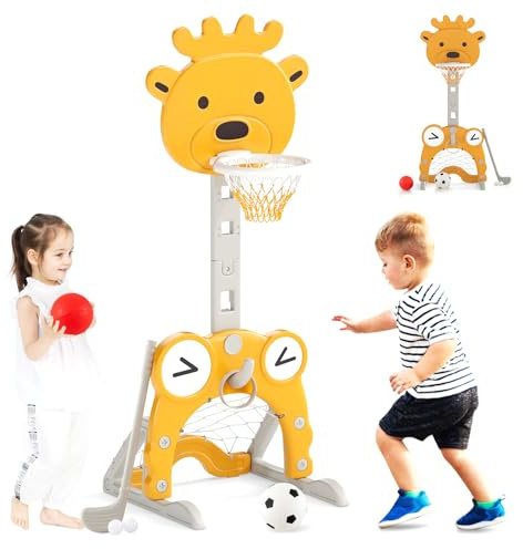 HOMASIS 4 in 1 Kinder Basketballkorb Set, multifunktional Basketballständer mit Fußballtor & Golf & Ringwurf, höhenverstellbar Basketballkorb mit Ständer inkl. Bälle & Golfschläger (REH)