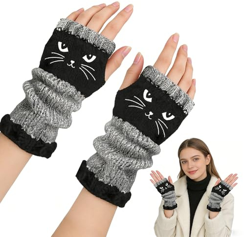 Lamvpiny Knitted Fingerless Gloves, Warm Gloves with Open Fingers, Cat Embroidery, Warm Knitted Glove, Winter Outdoor Accessory for Cat Lovers