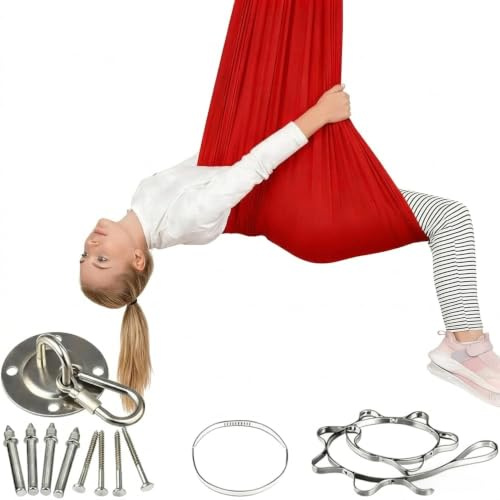 Hängeschaukel Hängematte, Rot, 280x150cm | 150kg Tragfähigkeit, mit Befestigungsset, Yoga Trapez für Zuhause, Indoor & Outdoor, Luftgymnastik Trapez