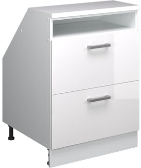 Vicco Küchenschrank für Dachschrägen R-Line, Weiß Hochglanz, 60 cm | 2 Schubladen · Extra Tiefe – 60 cm · Höhenverstellbare Füße · ✓ Leichter Zugriff · ✓ Frei kombinierbar