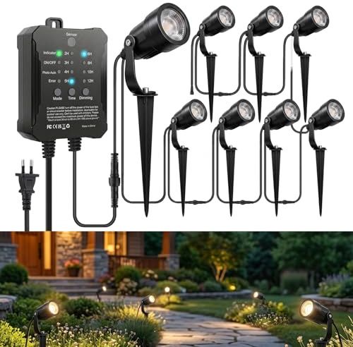 SMY Lighting 8er Set Gartenbeleuchtung, 5W Aluminium LED Gartenstrahler mit Timing und Fotozellensensor, 3000K Warmweiß, IP65 Wasserdicht, Dimmbare Strahler Außen mit Transformator für Garten Wege