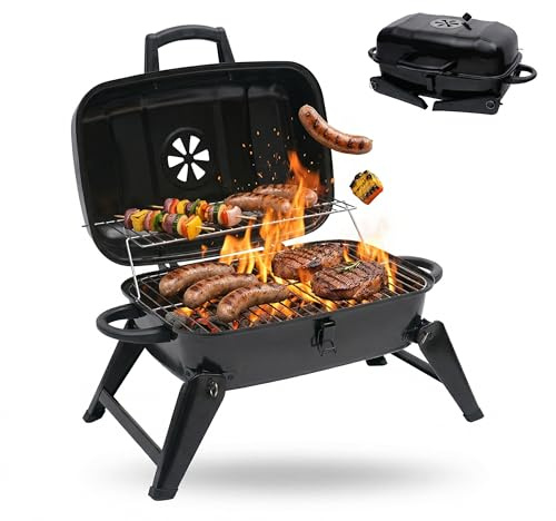 Relaxdays Tischgrill, tragbarer Klappgrill, HBT: 34 x 59 x 36 cm, schwarz | Warmhalterost, Lüftung, Kohlegrill, Stahl