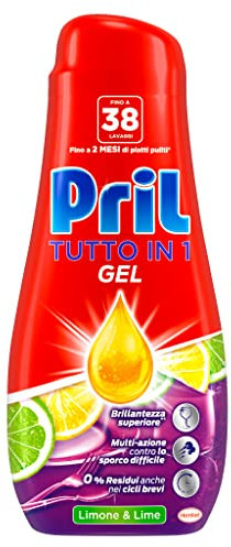Pril Gel All in One Limone Detersivo Lavastoviglie Liquido Multi-Azione Sporco Difficile, 38 Lavaggi, 684ml