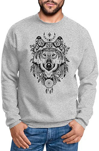 Neverless® Sweatshirt Herren Aufdruck Wolf-Motiv Print Boho Bohemian Ethno Style Rundhals-Pullover grau 3XL