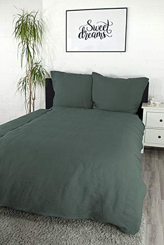 jilda-tex Leinenbettwäsche Uni Leinen Bettwäsche 135x200 cm + 80x80 cm 100% Leinen (Waldgrün, 135 x 200 cm)