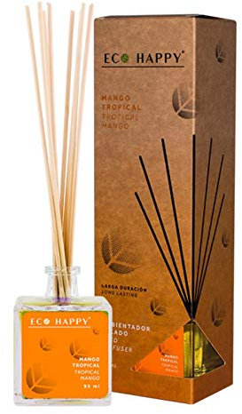 ECO HAPPY Ambientador Mikado Fragancia a Mango Tropical. 95ml. con un Toque caribeño y exótico. para Hogar, Oficina o Negocio.