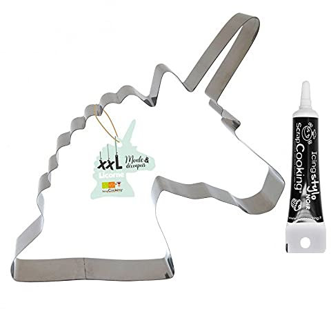 Tagliabiscotti XXL in acciaio inox Unicorno + penna per glassa nera
