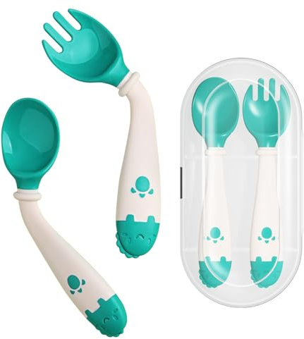 Deejoy Utensilios para niños pequeños, juego de cubiertos de autoalimentación con estuche de viaje, cucharas y tenedores para bebés con mango flexible de silicona, fácil agarre, resistente al calor,