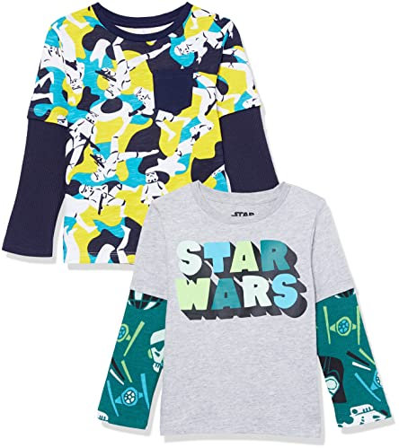 Amazon Essentials Disney | Marvel | Star Wars Boys' Long-Sleeve 2-in-1 T-Shirts, Pack of 2, Star Wars Logo/Camo, 6-7 Years