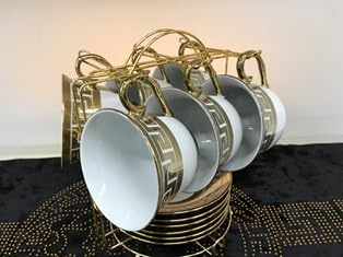 Bavary Porzellan Kaffeeservice Set, Weiß mit Goldrand, Griechisches Muster, 6 Tassen und Untertassen mit Ständer, Elegantes Design 300Ml