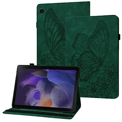 Rostsant Funda Samsung Tab A8 10.5 Carcasa de Cuero PU Relieve de Mariposa con Soporte para Bolígrafo Funda Tableta para Samsung Glaxy Tab A8 10.5 Pulgada 2021 SM-X200 / SM-X205 - Verde Oscuro