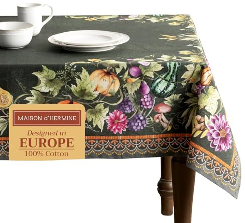 Maison d'Hermine Tischdecke, Rechteckig, 100% Baumwolle (220 cm x 160 cm) | Wiederverwendbar, für den täglichen Gebrauch, zum Essen, für Partys Thanksgiving Weihnachten - Pumpkin Garden - Dark Green