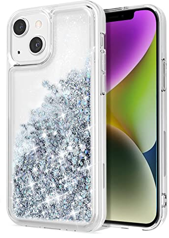 WORLDMOM Kompatibel mit iPhone 14 Hülle, klare Bling fließende Flüssigkeit, schwimmend, funkelnd, bunt, glitzernd, Wasserfall, TPU-Schutzhülle für iPhone 14 [6,1 Zoll 2022], Silber
