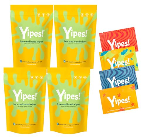 Yipes! Kids Face and Hand Wipes | Compostable Wet Wipes for Sensitive Skin | Individually Wrapped | Classroom Must Haves | Travel Essentials | For Backpacks, Lunchboxes, Classroom Supplies | 4 pack