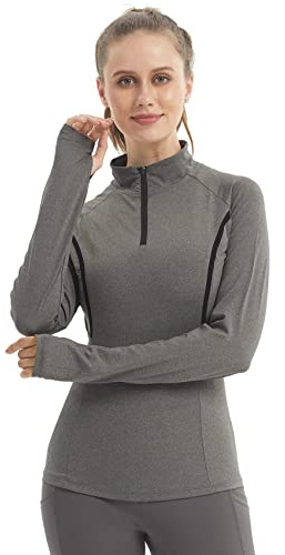 LNFINTDO Womens Long Sleeve Gym Shirt 1/4 Zip Pullover with Thumb Holes | Quick Dry Breathable 4-Way Stretch Fabric,Soft Base Layer Tops,Workout Clothes for Yoga Running Hiking Cycling