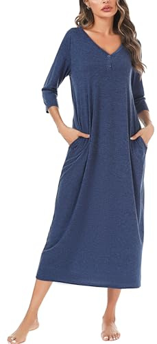 Leversic Women's Long Nightdress 3/4 Sleeve Cotton Long Nightgown Button V Neck Soft Nighties Loose Fit Women’s Dressing Gown With Pockets(Dark Blue,M)