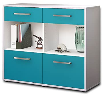Lqliving Sideboard - Beistellschrank Christina, Korpus: Weiss matt, Front: Farb-Design Türkis (92x79x35cm), inkl. Metall Griffen, Made in Germany