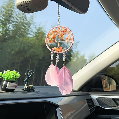 Handgefertigt Dreamcatcher Kleiner Traumfänger mit Federn Baum des Lebens Auto Innen Rückspiegel Hängende Ornament Böhmischen Stil für Wandbehang Wohnkultur Ornamente Handwerk Dekorationen,20* 9.5cm