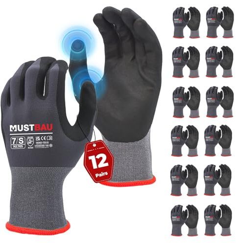Mustbau 12 Pares de Guantes de Trabajo con Pantalla Táctil, Guantes de Nitrilo Resistentes a la Abrasión, Excelente Agarre Adecuados para Jardinería, Mecánica, Construcción (Gris,S)