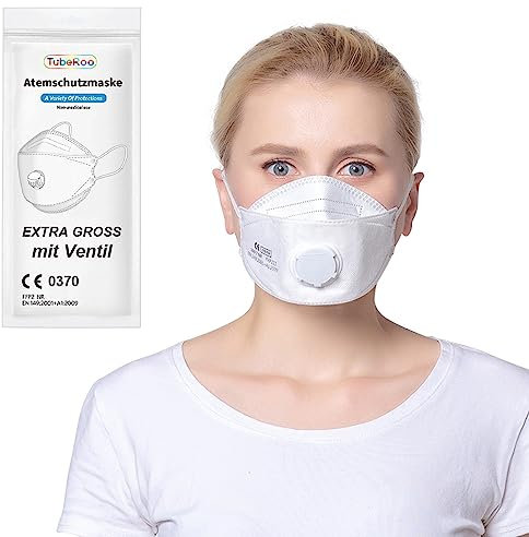 TubeRoo FFP2 Maske mit Ventil, Fischform 25 Stück Masken großer Kopf, Versand aus Deutschland, Staubmaske Feinstaubmaske Staubschutzmaske Atemschutzmaske mit Ausatemventil, Kopfband
