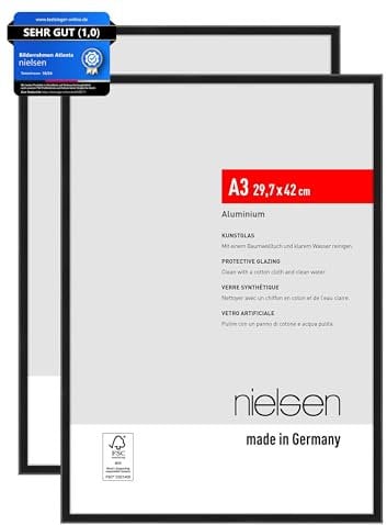 nielsen Bilderrahmen, 29,7 x 42 cm (A3) (2er Set), Aluminium, Schwarz matt, Posterrahmen zum Aufhängen im Hoch- & Querformat, bruchsicheres Kunstglas, Atlanta