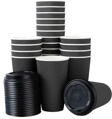 12 oz Black Disposable Kraft Paper Ripple Cups with Lids - Pack of 500 Insulated Triple Wall Takeaway Drinking Cup - Great for Coffee, Tea, and Hot Drinks - Reusable, Leak Proof Travel or Office Cups