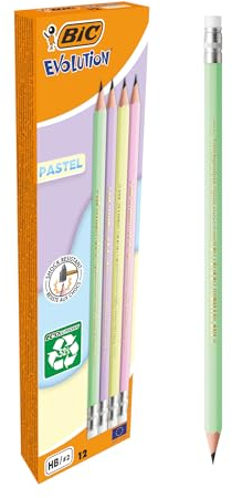 BIC Evolution Pastell Graphitstifte mit Radiergummi und stoßfester HB-Mine – 4 verschiedene Schaftfarben, 12 Stück